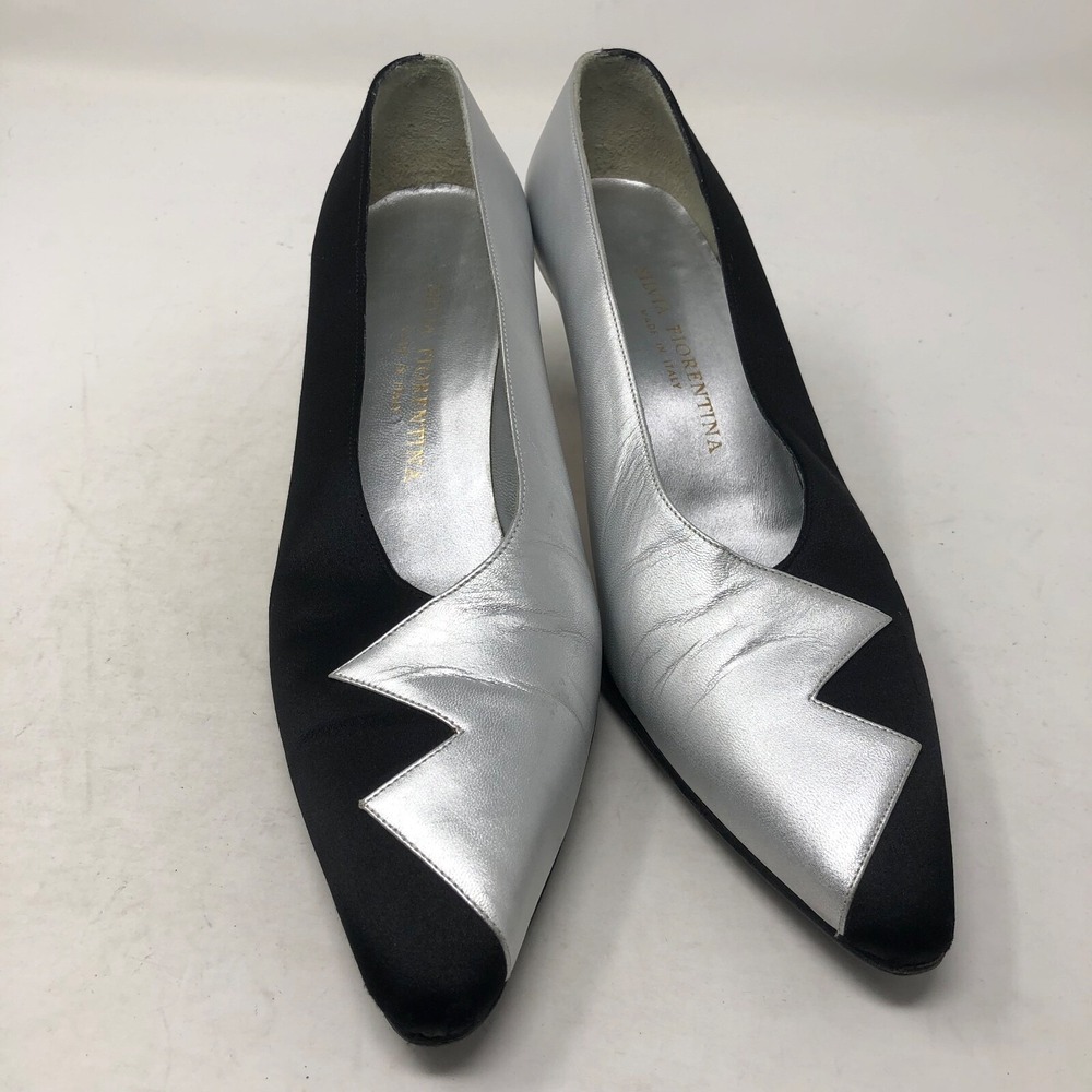 Vintage Silvia Fiorentina Pump Metallic Silver Black Abstract Womens 8 Retro Y2K